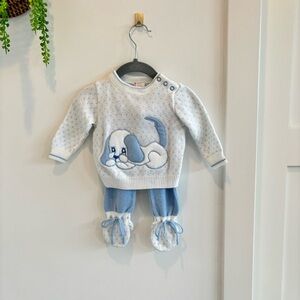 Vintage 80's Baby Boy Knit Set Baby Blue Puppy Detail Footie Pants Size 6-9 mos